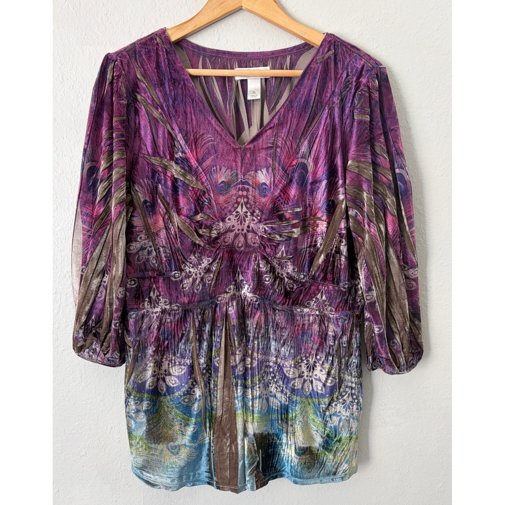 Womens Boho Babydoll Peacock Feather Print Tunic Top XL Velour Ethereal Fairy